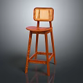 Warm Brown Wooden Bar Stool with Woven Rattan Backrest and Decorative Carved Legs