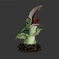 Mythical Green Creature Standing In Nest With Long Beak And Large Eyes