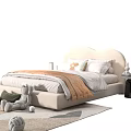 Double Bed with Cloud Shaped Headboard Soft Pillows Beige Blanket Stuffed Toys on Cozy Rug