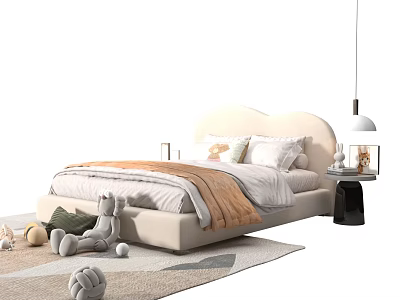 Double Bed with Cloud Shaped Headboard Soft Pillows Beige Blanket Stuffed Toys on Cozy Rug 3d model