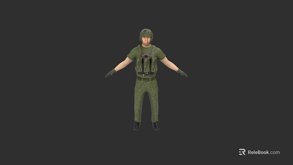 Game Movie Character In Camouflage Uniform With Helmet And Tactical Vest Arms Outstretched 3d model 
