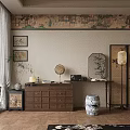 Traditional Chinese Wooden Dresser with Wall Paintings Bamboo Decor and Lantern