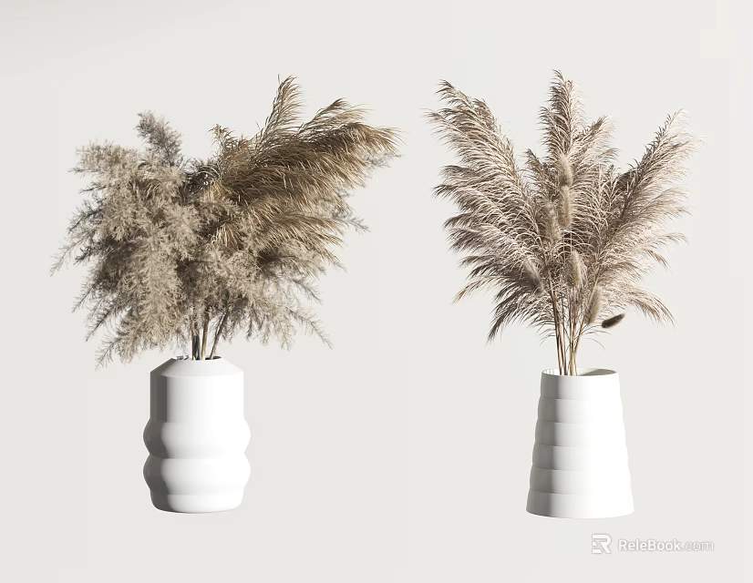 White Ribbed Vases With Pampas Grass For Minimalist Modern Home Decor 3d model 