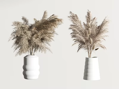 White Ribbed Vases With Pampas Grass For Minimalist Modern Home Decor 3d model