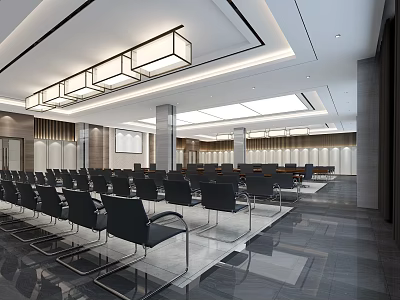 Spacious Modern Conference Room With Neatly Arranged Black Chairs And Pendant Lights 3d model