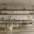 Minimalist Tea Room Interior With Wooden Table Bench Ceramic Wares And Pendant Light