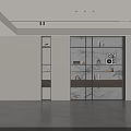 Modern Open Living Room With White Storage Cabinets Glass Doors Marble Decor And Gray Flooring