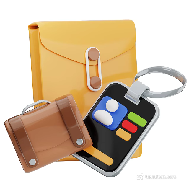 Yellow Envelope Brown Leather Bag And Phone With Keychain And Screen Icons 3d model 