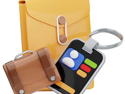 Yellow Envelope Brown Leather Bag And Phone With Keychain And Screen Icons 3d model