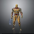 Orange Red Armored Humanoid Character Standing With Blue Device In Hand