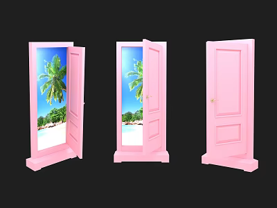 Pink Doors With Open And Closed States Showing Beach And Palm Tree View 3d model