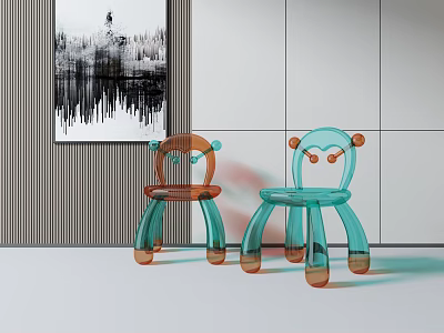 Two Cute Teal and Orange Acrylic Kids' Chairs with Ear Shapes in Modern Interior 3d model