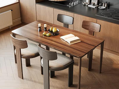 Restaurant Dining Area With Wooden Table Four Chairs Fruits Candles Book And Open Kitchen 3d model