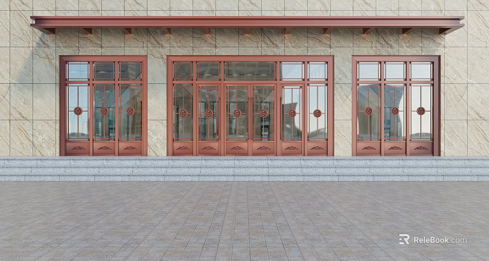 Elegant Copper Entrance Doors With Glass Panels And Marble Wall Decorative Design 3d model 