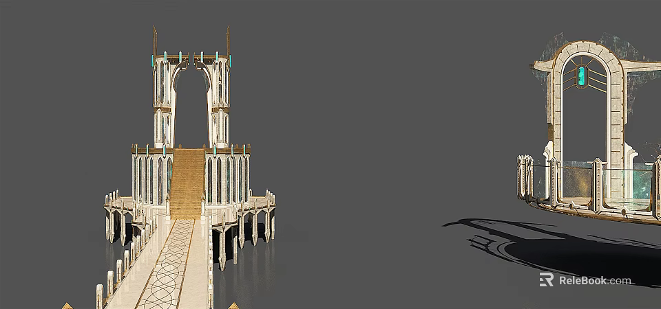 Elegant Stone Archway with Towered Structures Decorative Details and Grand Staircase 3d model 
