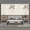 Modern Elegant Bedroom Interior Design With Mural Backdrop Pendant Lights Nightstands And Bench