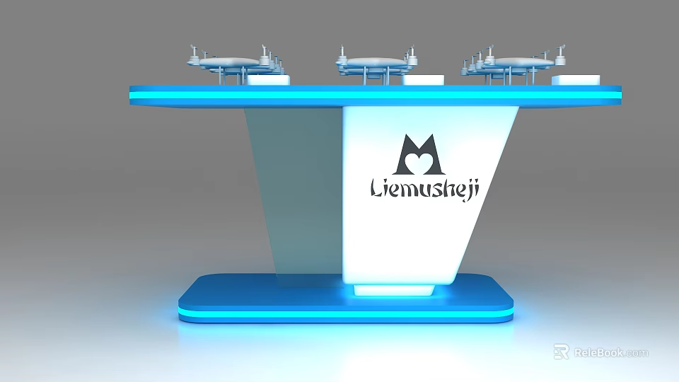 Modern Blue Display Shelf with Lienmusiteji Logo Illuminated Design and Top Stands 3d model 