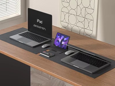Modern Workspace With Two Laptops iPad Mouse And Mobile Phone On Wooden Desk 3d model
