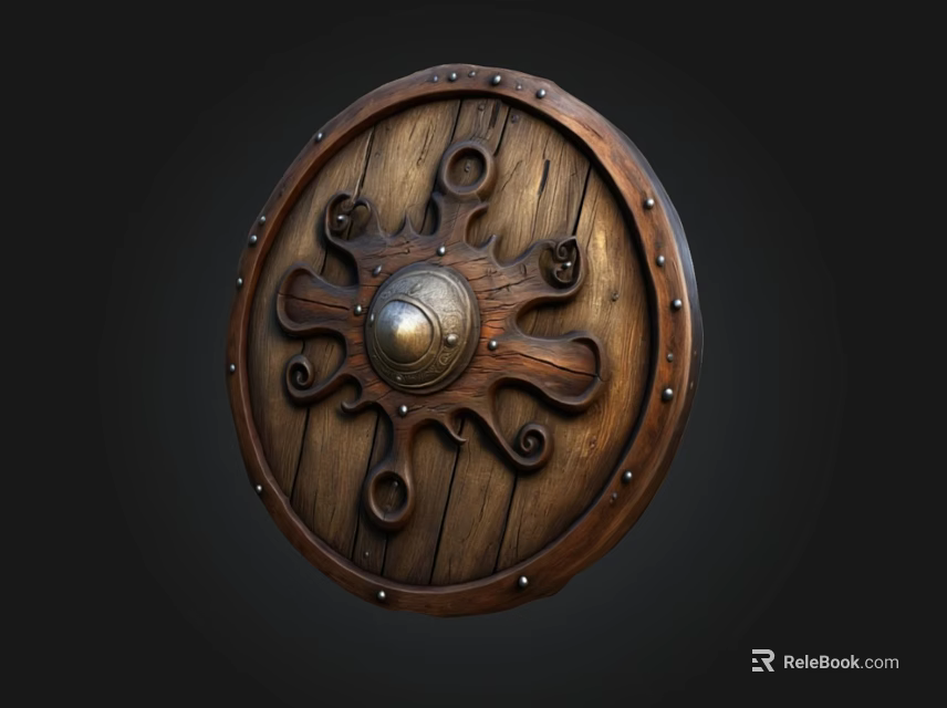 Antique Wooden Shield With Intricate Carved Patterns Metal Dome Center And Riveted Edges 3d model 
