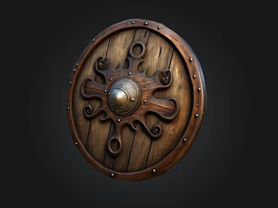 Antique Wooden Shield With Intricate Carved Patterns Metal Dome Center And Riveted Edges 3d model