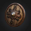Antique Wooden Shield With Intricate Carved Patterns Metal Dome Center And Riveted Edges