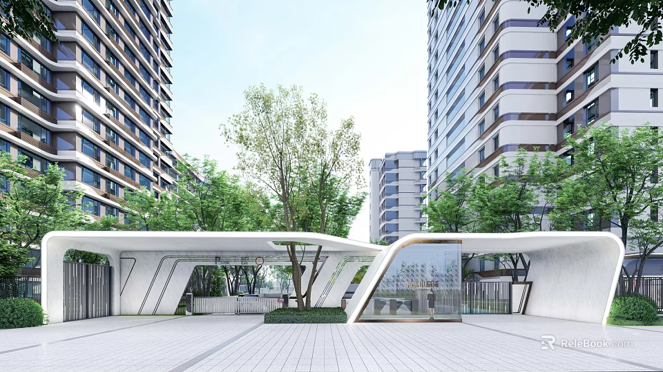 Modern Entrance Gate With High Rise Buildings And Green Trees In Open Space 3d model 