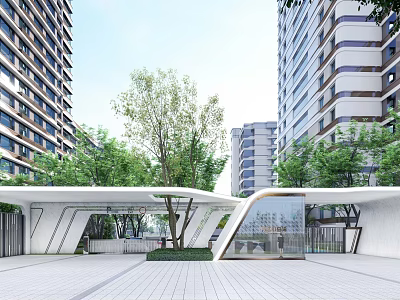 Modern Entrance Gate With High Rise Buildings And Green Trees In Open Space 3d model