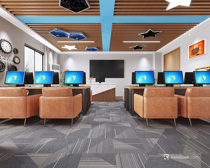 Cozy Internet Cafe With Multiple Computers Comfortable Chairs Star Ceiling Decor And Large Screen 3d model