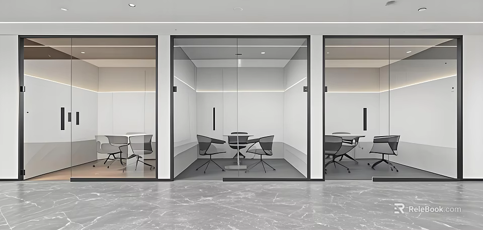 Modern Public Office Space Interior With Glass Partitions Meeting Tables And Chairs 3d model 