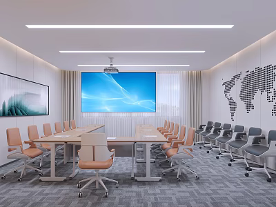 Modern Conference Room With Long Table Chairs Large Screen Ceiling Lights And World Map Decor 3d model