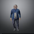 Elderly Man With White Hair Wearing Glasses Blue Jacket Striped Shirt Jeans Gray Shoes