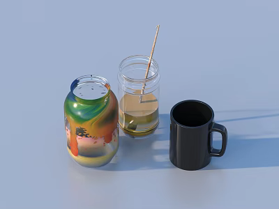 Colorful Patterned Jar With Clear Glass Container Holding Liquid Wooden Stick And Black Mug 3d model