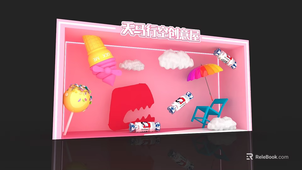 Creative Display With Pink Background Ice Cream Cone Lollipop Dinosaur Shape And Rainbow Umbrella 3d model 