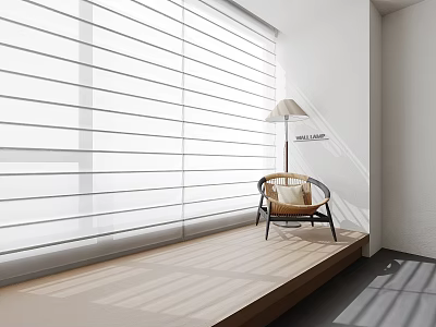White Venetian Blinds In Modern Room With Wooden Windowsill Wicker Chair And Floor Lamp 3d model