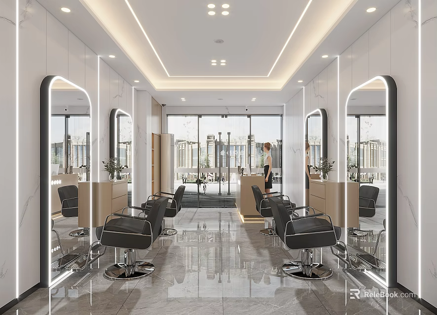 Modern Hair Salon Interior Design With Hairdressing Chairs Mirrors Large Windows And Marble Countertops 3d model 