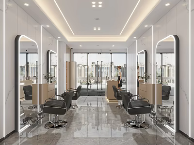 Modern Hair Salon Interior Design With Hairdressing Chairs Mirrors Large Windows And Marble Countertops 3d model