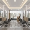 Modern Hair Salon Interior Design With Hairdressing Chairs Mirrors Large Windows And Marble Countertops