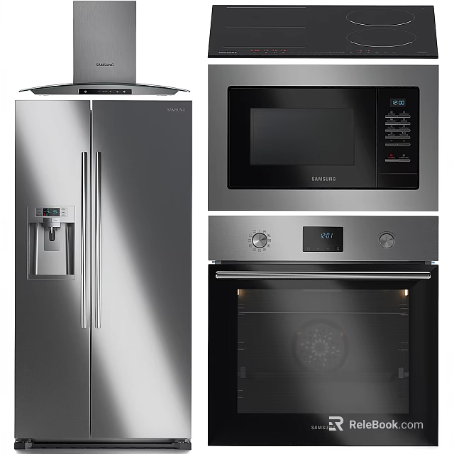 Modern Kitchen Appliances Featuring Stainless Steel Refrigerator Microwave And Oven For Home Use 3d model 