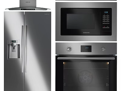 Modern Kitchen Appliances Featuring Stainless Steel Refrigerator Microwave And Oven For Home Use 3d model