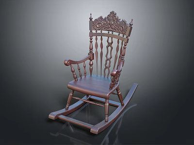 Elegant Ornate Wooden Rocking Chair With Carved Backrest And Leather Padded Seat 3d model