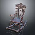 Elegant Ornate Wooden Rocking Chair With Carved Backrest And Leather Padded Seat