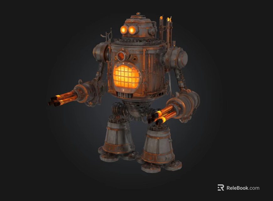 Steampunk Mechanical Robot With Glowing Eyes And Flame Emitting Arms 3d model 