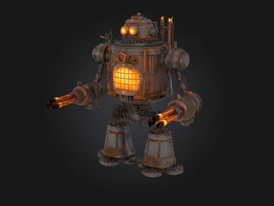 Steampunk Mechanical Robot With Glowing Eyes And Flame Emitting Arms 3d model
