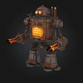 Steampunk Mechanical Robot With Glowing Eyes And Flame Emitting Arms 3d model