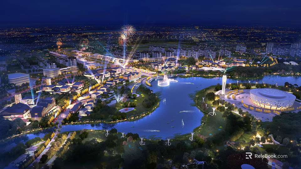 Vibrant Commercial Street Night View With Lake Fountain Fireworks And Surrounding Lights 3d model 