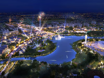 Vibrant Commercial Street Night View With Lake Fountain Fireworks And Surrounding Lights 3d model