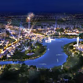 Vibrant Commercial Street Night View With Lake Fountain Fireworks And Surrounding Lights