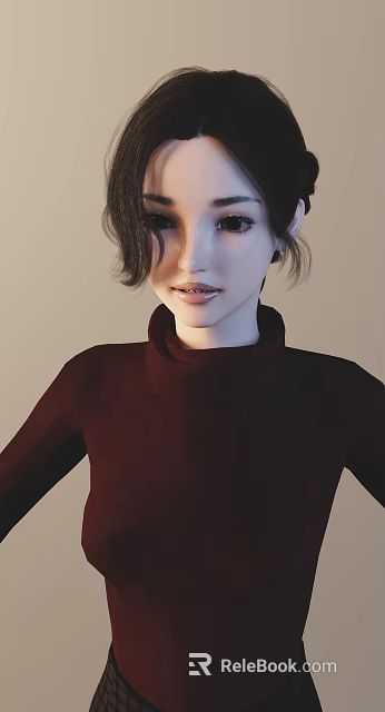Woman In Dark Red Turtleneck Sweater With Short Wavy Hair On Light Background 3d model 