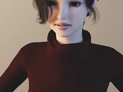 Woman In Dark Red Turtleneck Sweater With Short Wavy Hair On Light Background 3d model
