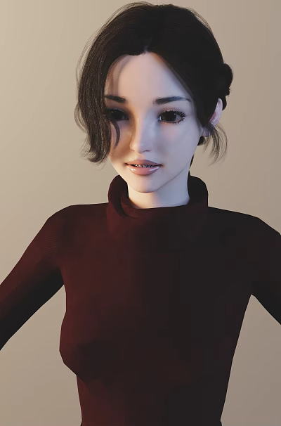 Woman In Dark Red Turtleneck Sweater With Short Wavy Hair On Light Background 3d model